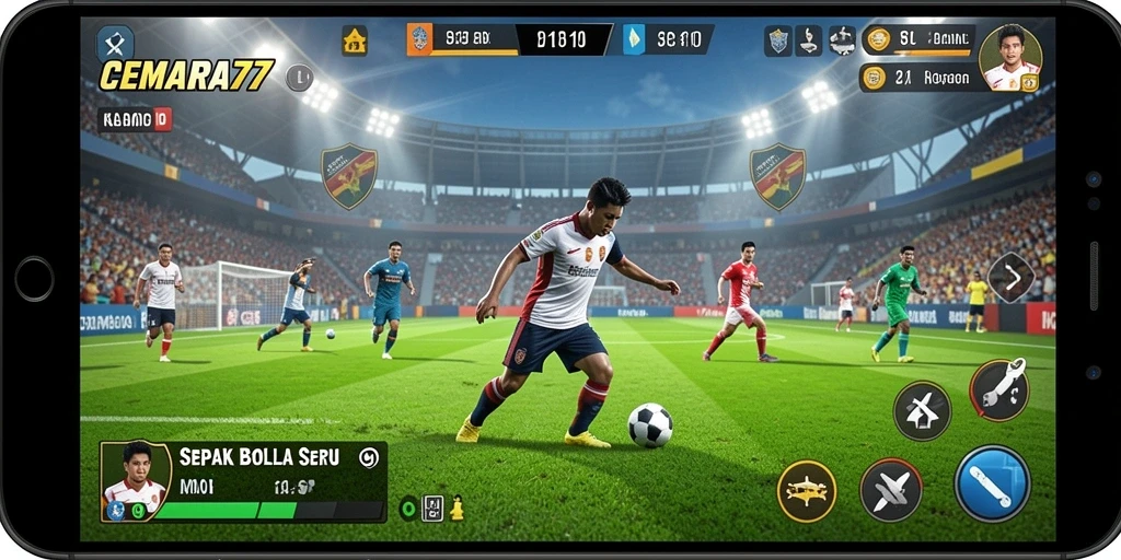 Screenshot utama CEMARA77 menampilkan aksi mendebarkan di lapangan sepak bola.