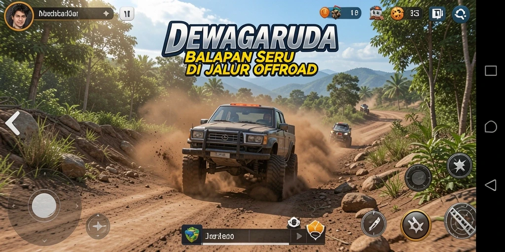 Screenshot gameplay menampilkan balapan seru di jalur offroad DEWAGARUDA.