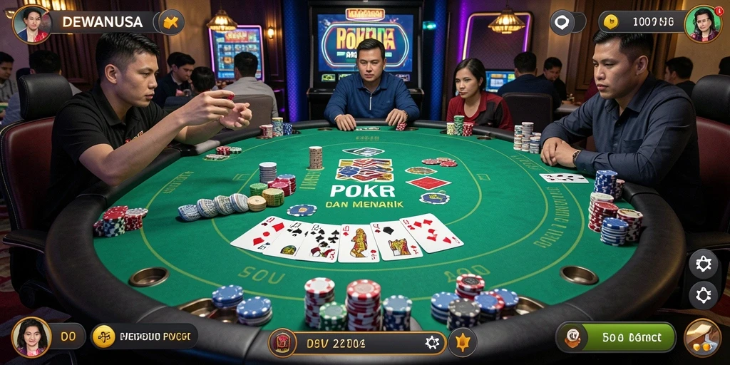 Screenshot gameplay DEWANUSA yang menunjukkan pemain terlibat dalam permainan poker.