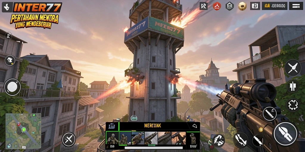 Screenshot utama INTER77 menampilkan aksi menegangkan dalam Tower Defense.