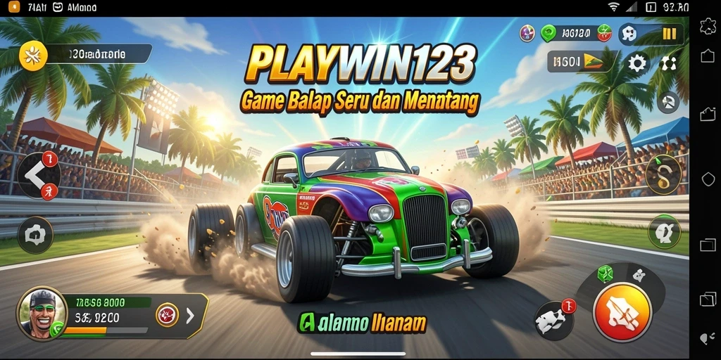 Tangkapan layar utama menunjukkan aksi balapan mendebarkan di PLAYWIN123.